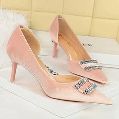 Velvet Pointed Toe Hollow Pumps – Crystal Buckle Thin High Heels (Purple)