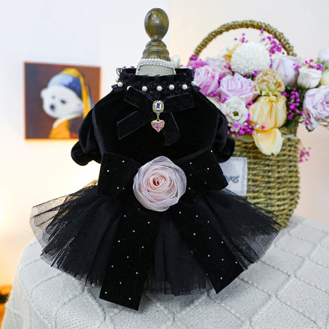 Black Sahara Rose Pet Dress – Warm Autumn/Winter Wedding Outfit for Small & Medium Dogs