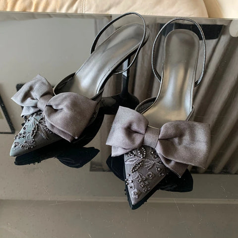 Black Bow knot High Heels Sandals Women 2025 Summer Slingback Pumps Vintage Satin Pointed Toe Heeled Elegant Party Lady Shoes