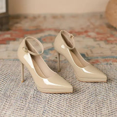 11cm Super High Stiletto Heels Pumps Women Shoes Pearl Chain Thong Ankle Strap Pointed Toe Big Size Leather Office Shoes