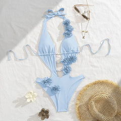 3D Flower Hollow One-Piece Swimsuit – Women’s Sexy Solid Bodysuit Beachwear