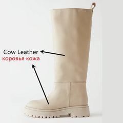 MORAZORA Plus Size 34-43 New Full Cow Leather Women Boots Slip On Chunky Platform Knee High Boots Ladies Autumn Winter Shoes