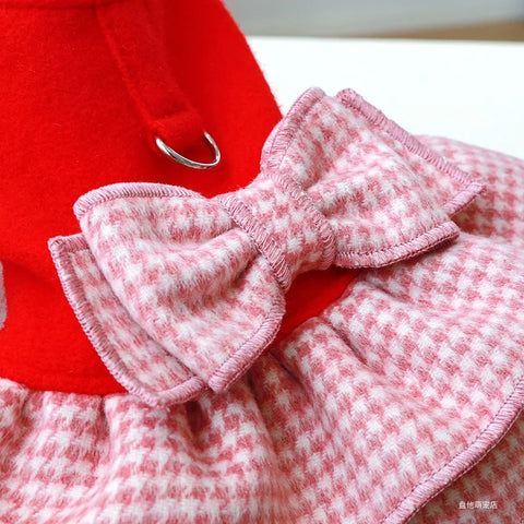 Red Winter Princess Pet Dress 🎀 Warm Outfit with Belt for Small & Medium Pets