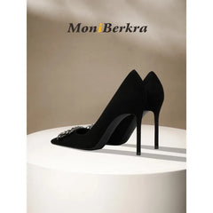 Diamond square buckle black high heels, slim heels, fashionable temperament, suede professional pointed French single shoes