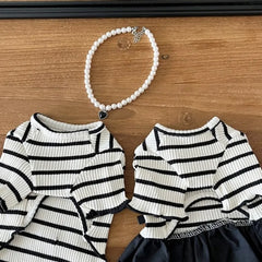 Summer Striped Dog Dress – Bow Collar Outfit for Small Dogs, Black & White Pet Clothes
