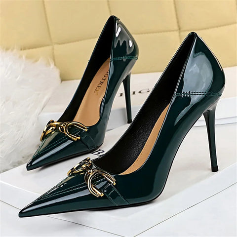 Luxury Design Women 10cm High Heels Metal Buckle Green Pumps Lady Plus Size Wedding Stiletto Heels Party Nude Replica Prom Shoes