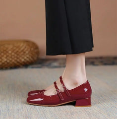 Burgundy Patent Mary Jane Pumps – Double Buckle Vintage Low Block Heels (2025)