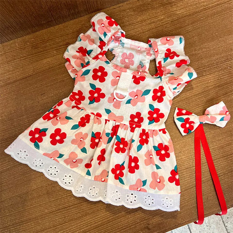 Floral Summer Dog Dress 🌸 Plaid Skirt & Bow Outfit for Small & Medium Dogs