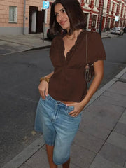 Women’s Lace Patchwork Top – V-Neck Short Sleeve Tee