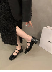 Retro Mary Jane Shoes – Glossy Medium Heel Comfort Ballet Pumps