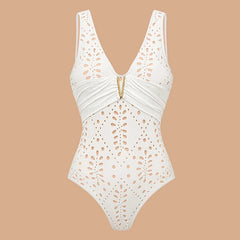 V-Neck Laser Cut Floral Bikini Set – Women’s Solid Color Luxury Swimsuit