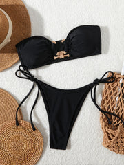 Tie-Side Shiny Ring Bandeau Bikini – Women’s Padded Low-Waist Swimsuit 2025