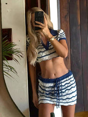 Summer Sexy Knit Two-Piece Set – V-Neck Lace-Up Top & Cut-Out Mini Skirt Cover-Up