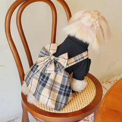 Black & Khaki Plaid Pet Dress – School-Style Dog & Cat Outfit with Bow Tie