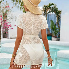White Lace V-Neck Beach Dress – Long Sexy Swimsuit Cover-Up Tunic