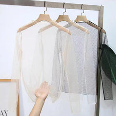 Women’s See-Through Lace Top – Transparent Long Sleeve Mesh Tee