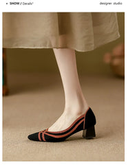 Women's high heels knitted breathable square heel beautiful princess non slip rubber sole comfortable shoes 2024 new model