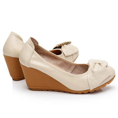 Genuine Leather 7cm High Heels Women Wedge Shoes Elegant Ladies Pure Black Beige Soft Comfortable