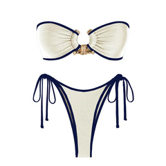 Tie-Side Shiny Ring Bandeau Bikini – Women’s Padded Low-Waist Swimsuit 2025