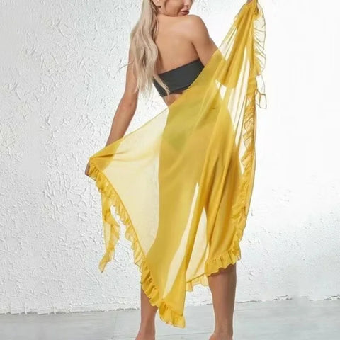 Ruffle Long Sarong Skirt – Solid Bikini Cover-Up Beach Wrap (5 Colors)