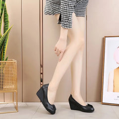 Genuine Leather 7cm High Heels Women Wedge Shoes Elegant Ladies Pure Black Beige Soft Comfortable