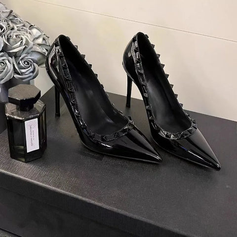 womens autumn new fashion rivet designer solid color pointed stilettos outdoor slip-on casual party womens low-top shoes Zapatos