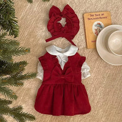 Winter Bow Knot Dog Dress Set – Warm Christmas Princess Outfit for Small Dogs & Cats