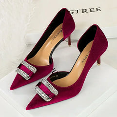 Velvet Pointed Toe Hollow Pumps – Crystal Buckle Thin High Heels (Purple)