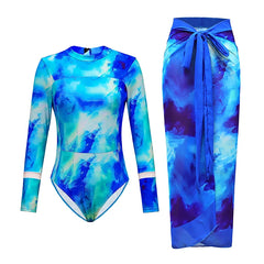 Long-Sleeve One-Piece Swimsuit with Skirt – Women’s Sexy Cover-Up Swimwear
