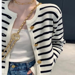 Women’s Stripe Knit Cardigan – O-Neck Single-Breasted Crop Sweater