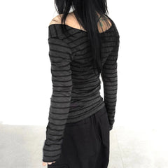 Women’s Japanese Stripe Long Sleeve Tee – Slim Off-Shoulder Y2K Top