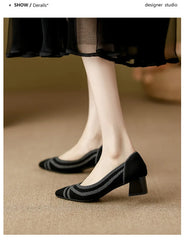 Women's high heels knitted breathable square heel beautiful princess non slip rubber sole comfortable shoes 2024 new model