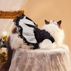 Polka Dot Tutu Dog Dress 🎀 Elegant Black & White Lace Outfit for Pets