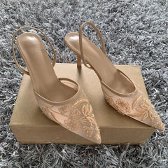 Luxury Brand High Heels Women Sandals Mesh Embroider Elegant Pointed Ladies Slingback Evening Party Wedding Bridal Dress Shoes