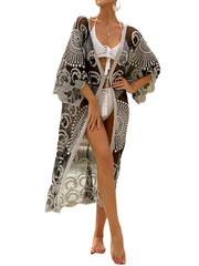 Summer Printed Midi Beach Dress – Women’s 3/4 Sleeve Tie-Up Swimsuit Cover-Up