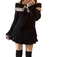 Women’s Off-Shoulder Pink Knit Sweater – Bow Lace Patchwork Pullover