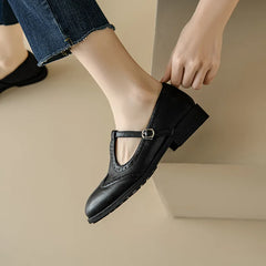 Retro Women's Brogue Leather Shoes Spring round Head Carved Mary Jane Shoes Women Oxfords Women's Shoes Ladies Leather Female