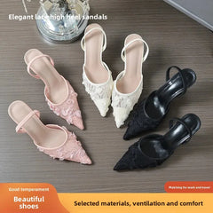 Sharp Point Single Shoes Embroidered Lace High Heels Black Shiny Summer Elegance Sandals Fashionable Versatile Rubber Sole