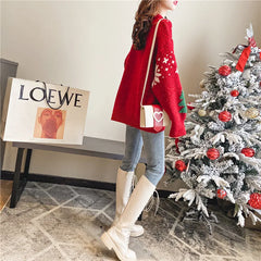 Korean Color-Block Christmas Sweater – Women’s Thick Winter Hoodie 2025