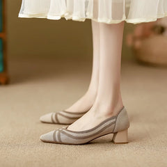 Women's high heels knitted breathable square heel beautiful princess non slip rubber sole comfortable shoes 2024 new model