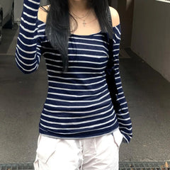 Women’s Japanese Stripe Long Sleeve Tee – Slim Off-Shoulder Y2K Top