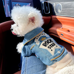 Rock Embroidered Blue Pet Jacket – Stylish Spring Outfit for Dogs & Cats