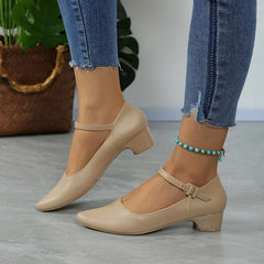 Spring and Autumn New with A Word Buckle Work Shoes Pointed Thick Heel Single Shoes Fashion Comfortable Casual Women's Shoes