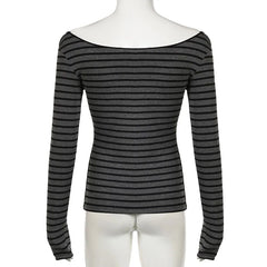 Women’s Japanese Stripe Long Sleeve Tee – Slim Off-Shoulder Y2K Top