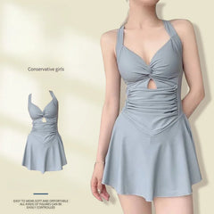 Solid Color Slimming One-Piece Swimsuit – Women’s Dress-Style Vacation Swimwear