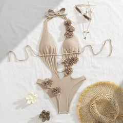 3D Flower Hollow One-Piece Swimsuit – Women’s Sexy Solid Bodysuit Beachwear
