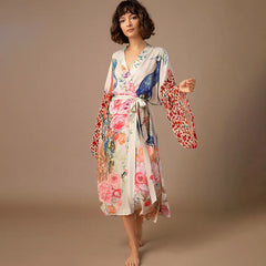 Peacock Print Beach Kimono – Self-Belted Swimsuit Cover-Up Wrap Dress