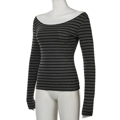 Women’s Japanese Stripe Long Sleeve Tee – Slim Off-Shoulder Y2K Top