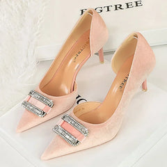 Velvet Pointed Toe Hollow Pumps – Crystal Buckle Thin High Heels (Purple)