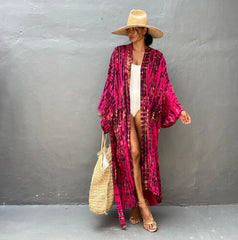 Long Tie-Dye Kimono Cover-Up – Open Front Beachwear for Women